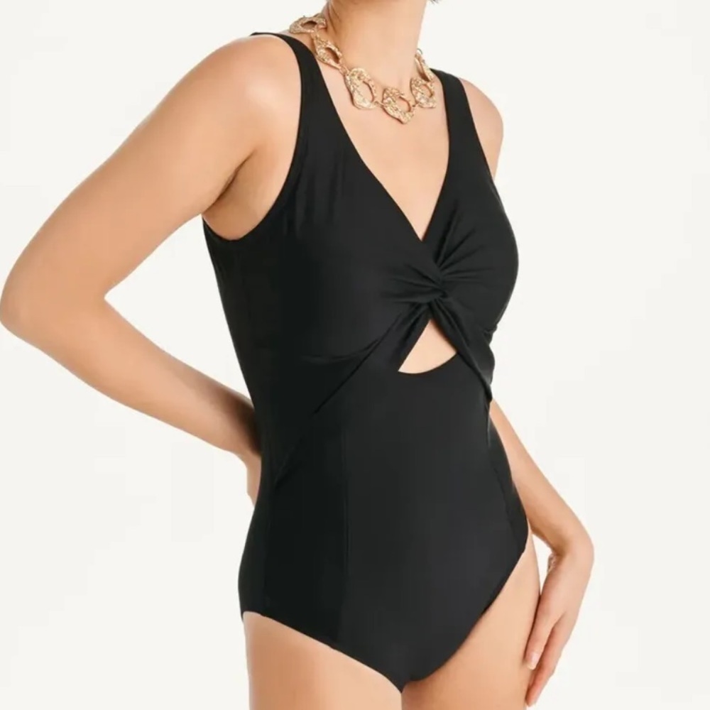 Dkny Women's DI1MS515 Black Deep V Neck Twist Front One Piece Swimsuit